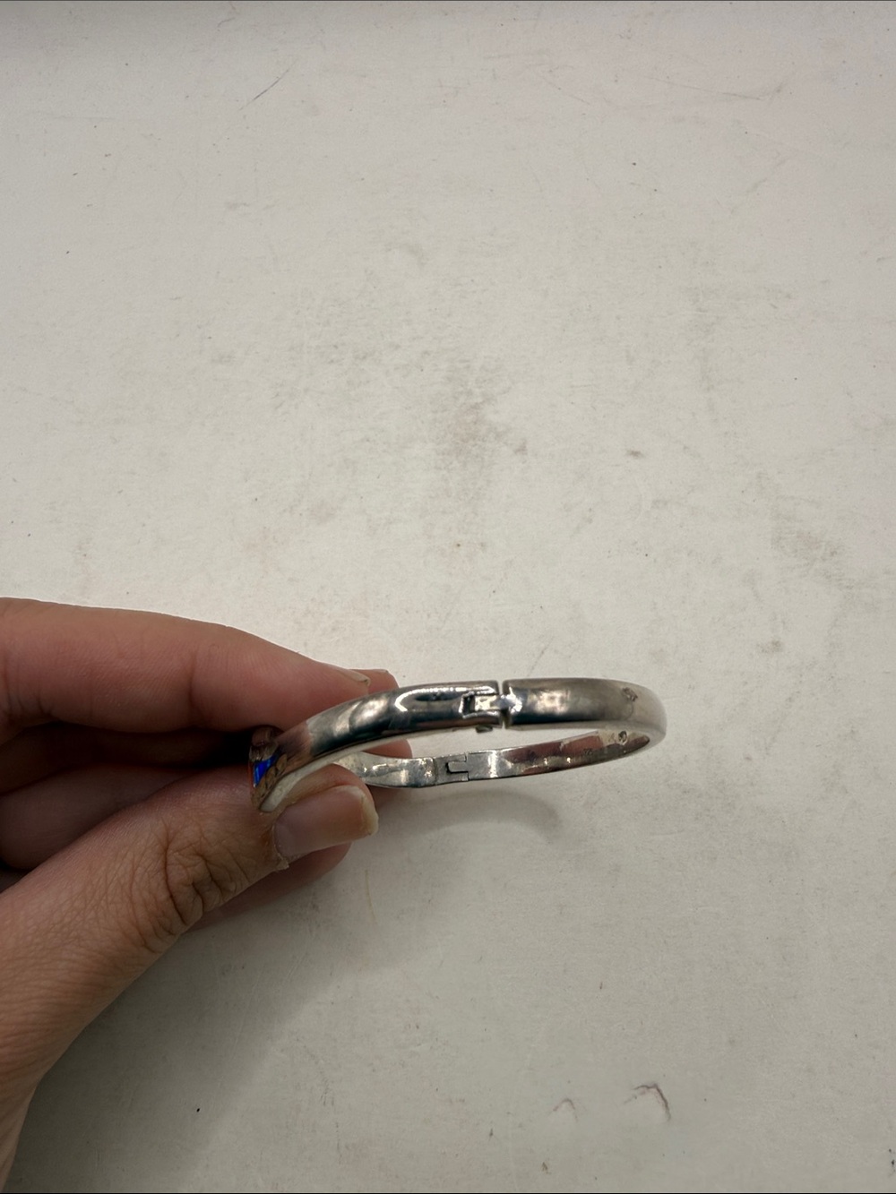 Vtg Silver 925 Hinged Bangle Bracelet Rainbow Opal Inlay Wavy Mexico Taxco? - Picture 6 of 16